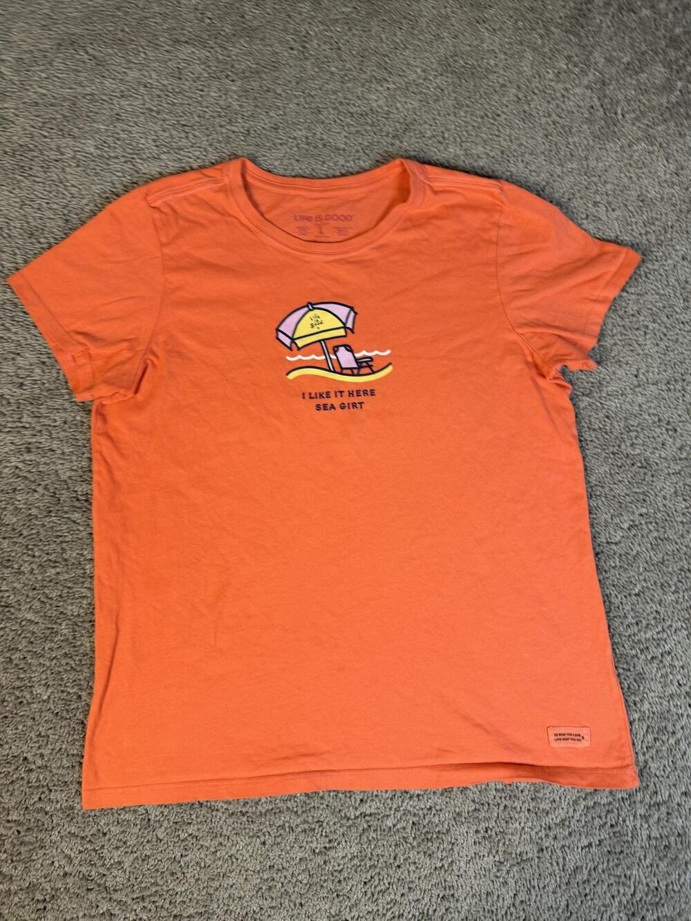 Life Is Good Orange Short Sleeve Tee with Beach Umbrella Graphic